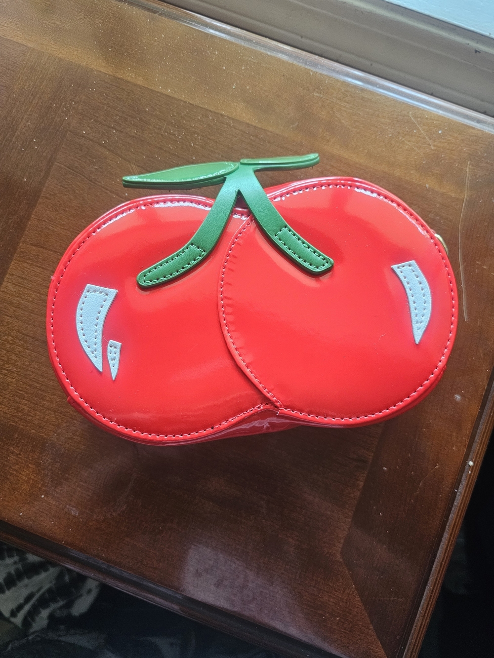 Red Cherry-Shaped Satchel with Green Stem Accent